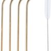 set van 4 cocktailrietjes uit rvs goud met reinigingsborstel 20.5cm