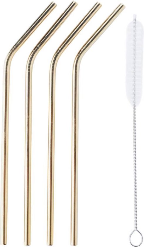 set van 4 cocktailrietjes uit rvs goud met reinigingsborstel 20.5cm