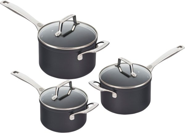 LE CREUSET - Set van 3 Steelpannen met Glazen Deksel LE CREUSET - Set van 3 Steelpannen met Glazen Deksel